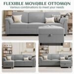 Convertible Sectional Couches Sofa, 3 Seat L Shaped Sofa with Removable Pillows Soft Corduroy Fabric Small Couch Mid Century for Living Room, Bed Room, Apartment and Office (Light Grey) - Image 8