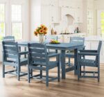 SERWALL 7-Piece Patio Dining Table Sets, Outdoor HDPE Dining Furniture Set with Umbrella Hole Cut-Out Table and 6 Chairs, Blue - Image 9