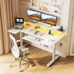 OffiGo U Shaped Electric Standing Desk with Keyboard Tray, 55 Inch Height Adjustable Desk with Power Outlets & LED Lights, Sit Stand Table with Monitor Stand for Home, Office, White - Image 3