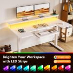 OffiGo U Shaped Electric Standing Desk with Keyboard Tray, 55 Inch Height Adjustable Desk with Power Outlets & LED Lights, Sit Stand Table with Monitor Stand for Home, Office, White - Image 8