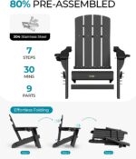 Folding Adirondack Chair 4 Pack, HDPE All-Weather Fire Pit Chairs, Plastic Adirondack Chairs with 2 Cup Holder, Outdoor Lawn Chair for Patio Garden (Black) - Image 7