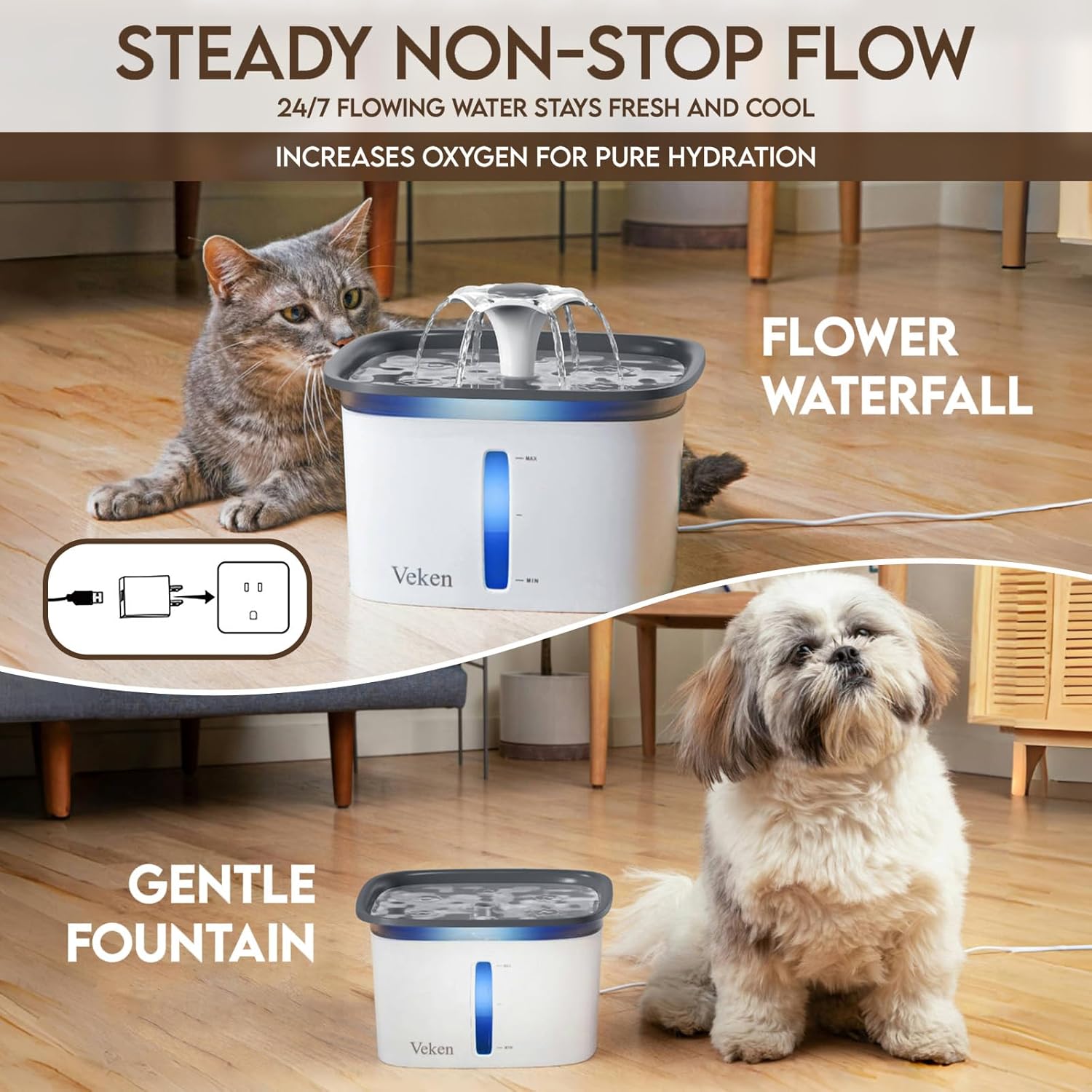 Veken Innovation Award Winner 95oz/2.8L Pet Fountain, Automatic Cat Water Fountain Dog Water Dispenser with Replacement Filters for Cats, Dogs, Multiple Pets (Grey, Plastic) - Image 3