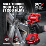 Cordless Impact Wrench, 900Ft-lbs (1200N.m) 1/2" Brushless Impact Gun, 20V High Torque Power Impact Driver, 2x4.0Ah Batteries,Brushless Motor 2400 RPM Variable Speeds for Family Car/Pickup Truck/Mower - Image 3