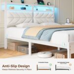 Seventable Bed Frame Queen Size with Charging Station, LED Bed with Upholstered Storage Headboard, Metal Platform Bed with Under Storage, No Box Spring Needed, Noise Free, Easy Assembly, White - Image 4