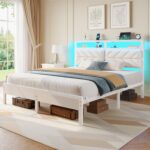 Seventable Bed Frame Queen Size with Charging Station, LED Bed with Upholstered Storage Headboard, Metal Platform Bed with Under Storage, No Box Spring Needed, Noise Free, Easy Assembly, White - Image 9