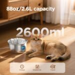 Stainless Steel Cat Water Fountain: 88oz/2.6L Ultra Quiet Pet Fountain with Flower Kitty Spout & LED Blue Light Water Dispenser with Water Level Window for Cats/Dogs Indoor (Silver) - IHOUONE - Image 3