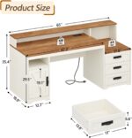 TVU Farmhouse Computer Desk with Drawers, 65'' Home Office Desk with Power Outlets, Storage Cabinet and Printer Stand, Study Writing Desks with Long Monitor Stand, Brown and White - Image 3