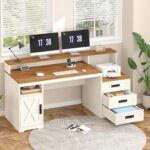 TVU Farmhouse Computer Desk with Drawers, 65'' Home Office Desk with Power Outlets, Storage Cabinet and Printer Stand, Study Writing Desks with Long Monitor Stand, Brown and White - Image 4