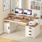 TVU Farmhouse Computer Desk with Drawers, 65'' Home Office Desk with Power Outlets, Storage Cabinet and Printer Stand, Study Writing Desks with Long Monitor Stand, Brown and White - Image 9