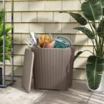 Tangkula 11.5 Gallon Water-proof Deck Box, Outdoor Patio Storage Box w/Removable Lid &, Faux Rattan Storage Container Side Table, All Weather Patio Furniture Extra Seat for Poolside (Brown) - Image 8