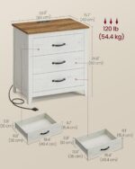 VASAGLE LIRY Collection - Farmhouse Nightstand with Charging Station, Bedside Table, Side End Table with 3 Drawers, for Bedroom, Rustic White and Honey Brown ULET679W01 - Image 4
