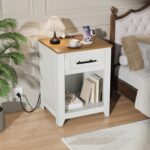 GarveeHome Nightstands Set of 2 with Charging Station, 1-Drawer Bedside Tables, Small Night Stands for Bedroom with Storage Shelf, End Tables, Walnut Top and White - Image 4