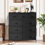 9-Drawer Dresser for Bedroom, Anti-Tip Tall Storage Organizer Chest of Drawers with Wooden Top and Metal Frame Fabric Bins for Closet, Living Room, Hallway, Entryway, Black - Image 3