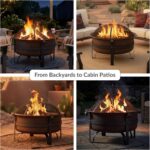 Sunnydaze Cauldron Wood-Burning Outdoor Fire Pit for Patio and Backyard - Round Steel Outside Firepit Bowl with Cover, Removable Ash Pan, Spark Screen, and Poker Tool - Dark Bronze - 29" - Image 6