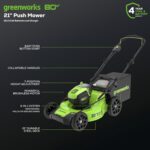 Greenworks 80V 21” Brushless (Push) Cordless Electric Lawn Mower + (500 CFM) Axial Leaf Blower + 13” String Trimmer (75+ Compatible Tools), (2) 2.0Ah Batteries and 30 Minute Rapid Charger - Image 3
