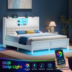 Rolanstar Queen Bed Frame with Charging Station, Bookcase Headboard Bed with LED Light and Sliding Doors, Platform Bed with Wooden Slats, No Box Spring Needed, Noise Free, White - Image 4