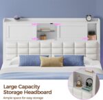 Rolanstar Queen Bed Frame with Charging Station, Bookcase Headboard Bed with LED Light and Sliding Doors, Platform Bed with Wooden Slats, No Box Spring Needed, Noise Free, White - Image 6