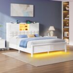 Rolanstar Queen Bed Frame with Charging Station, Bookcase Headboard Bed with LED Light and Sliding Doors, Platform Bed with Wooden Slats, No Box Spring Needed, Noise Free, White - Image 8
