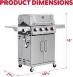 Feasto 4-Burner Propane Gas Grill w/Sear & Side Burner, Stainless Steel Construction w/Porcelain-Enameled Main Body, 49,500 BTU Outdoor BBQ Grill, 563 Sq. In. Cooking Area, Cabinet Storage, Silver - Image 3