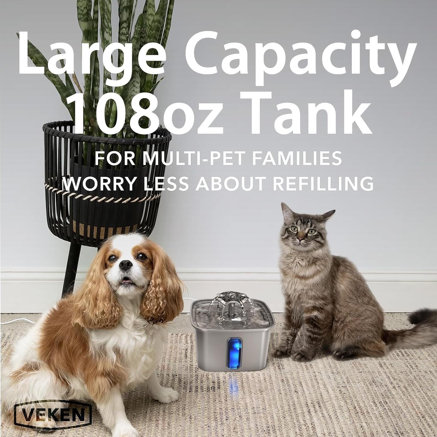 Veken Innovation Award Winner Stainless Steel Cat Water Fountain, 108oz/3.2L Automatic Pet Fountain Dog Water Dispenser with 6 Replacement Filters & Silicone Mat for Cats, Dogs, Multiple Pets (Silver) - Image 4