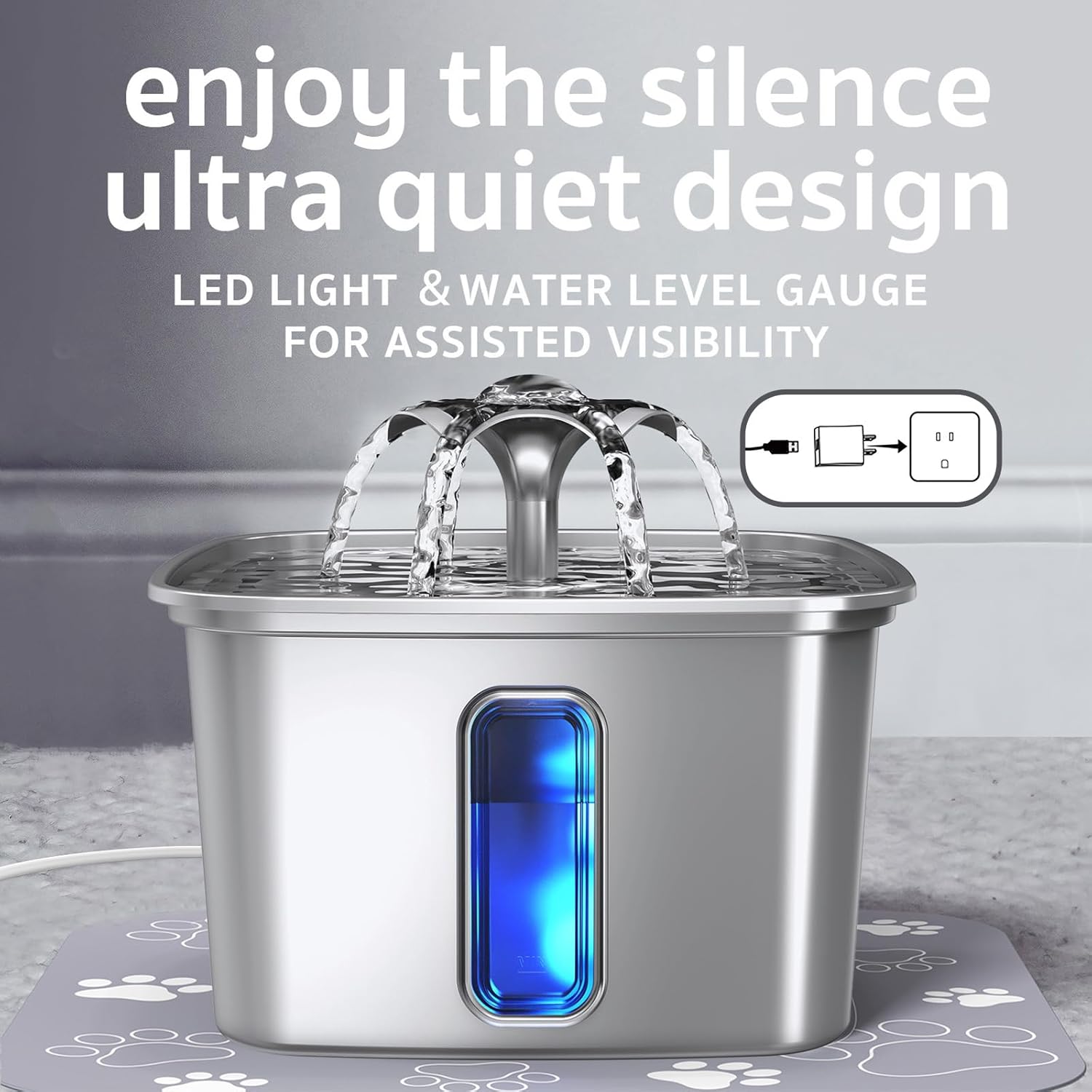 Veken Innovation Award Winner Stainless Steel Cat Water Fountain, 108oz/3.2L Automatic Pet Fountain Dog Water Dispenser with 6 Replacement Filters & Silicone Mat for Cats, Dogs, Multiple Pets (Silver) - Image 6