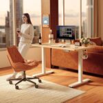 FEZIBO Standing Desk, 48 × 24 Inches Electric Height Adjustable, Sit and Stand Up, Computer Office Desk with Splice Board, White Frame/Maple TOP - Image 3