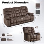 HAOMARKETS 3 Pieces Recliner Sofa Furniture Set, Include 2 Power Recliner Chairs with Message&Heat and a 3-Seater Reclining Couch for Living Room, Brown - Image 3