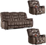 HAOMARKETS 3 Pieces Recliner Sofa Furniture Set, Include 2 Power Recliner Chairs with Message&Heat and a 3-Seater Reclining Couch for Living Room, Brown - Image 8