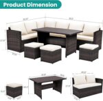 Wumiokio Patio Furniture Set, 7 Pieces Outdoor Patio Furniture with Dining Table&Chair, All Weather Wicker Conversation Set with Ottoman,Brown Rattan & Ivory Cushions (Include Sofa Dust Cover) - Image 9