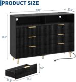 6 Drawers Dresser for Bedroom, 53.9" Wide Dressers with LED Lights and Charging Station, Curved Profile Design, Fluted Wood Drawers with Gold Handle, Modern Chest of Dressers for Living Room, Black - Image 3