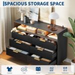 6 Drawers Dresser for Bedroom, 53.9" Wide Dressers with LED Lights and Charging Station, Curved Profile Design, Fluted Wood Drawers with Gold Handle, Modern Chest of Dressers for Living Room, Black - Image 5