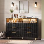 6 Drawers Dresser for Bedroom, 53.9" Wide Dressers with LED Lights and Charging Station, Curved Profile Design, Fluted Wood Drawers with Gold Handle, Modern Chest of Dressers for Living Room, Black - Image 8