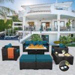 Outdoor Patio Furniture 60000 BTU Outdoor Propane Fire Pit Table Patio Furniture Set 45 In Outdoor Fire Pits 7 Pieces Patio Sofa Outdoor Chairs Anti-slip Cushions Waterproof Covers, Peacock Blue - Image 3