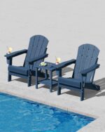 GarveeLife Folding Adirondack Chair Set of 2 with Side Table, All-Weather HDPE Outdoor Chair, Wooden Textured with Cup Holder for patios, Decks, Gardens, fire pits, Navy Blue - Image 3