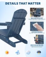 GarveeLife Folding Adirondack Chair Set of 2 with Side Table, All-Weather HDPE Outdoor Chair, Wooden Textured with Cup Holder for patios, Decks, Gardens, fire pits, Navy Blue - Image 7