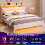 Rolanstar Bed Frame Queen Size with Charging Station and LED Lights, Upholstered Headboard with Storage Shelves, Heavy Duty Metal Slats, No Box Spring Need, Noise Free, Easy Assembly, White - Image 4
