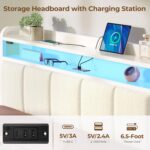 Rolanstar Bed Frame Queen Size with Charging Station and LED Lights, Upholstered Headboard with Storage Shelves, Heavy Duty Metal Slats, No Box Spring Need, Noise Free, Easy Assembly, White - Image 5