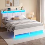 Rolanstar Bed Frame Queen Size with Charging Station and LED Lights, Upholstered Headboard with Storage Shelves, Heavy Duty Metal Slats, No Box Spring Need, Noise Free, Easy Assembly, White - Image 8