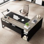 Tribesigns 71 inch Executive Desk, L Shaped Desk with Cabinet Storage, Executive Office Table with Shelves, Business Furniture Set Workstation for Home Office, Gray - Image 4
