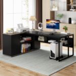 Tribesigns 71 inch Executive Desk, L Shaped Desk with Cabinet Storage, Executive Office Table with Shelves, Business Furniture Set Workstation for Home Office, Gray - Image 5
