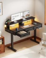 OffiGo Electric Standing Desk with 3 Wooden Drawers, 48 Inch Height Adjustable Desk with Power Outlets & LED Lights, Black Sit Stand Table with Monitor Stand for Home, Office, Workstation - Image 3