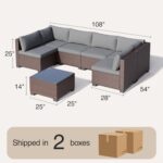 Qsun 7 Pieces Outdoor Patio Furniture Set, PE Rattan Outdoor Wicker Sectional Furniture Sofa Set, with Cushions and Glass Coffee Table, for Balcony, Porch, Garden, Grey - Image 3