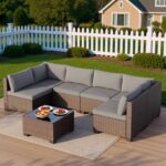 Qsun 7 Pieces Outdoor Patio Furniture Set, PE Rattan Outdoor Wicker Sectional Furniture Sofa Set, with Cushions and Glass Coffee Table, for Balcony, Porch, Garden, Grey - Image 5