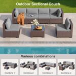 Qsun 7 Pieces Outdoor Patio Furniture Set, PE Rattan Outdoor Wicker Sectional Furniture Sofa Set, with Cushions and Glass Coffee Table, for Balcony, Porch, Garden, Grey - Image 6