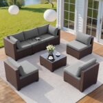 Qsun 7 Pieces Outdoor Patio Furniture Set, PE Rattan Outdoor Wicker Sectional Furniture Sofa Set, with Cushions and Glass Coffee Table, for Balcony, Porch, Garden, Grey - Image 7