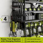 12 Cordless Drill Holder Large Power Tool Organizer Wall Mount with Side Pegboard & Screwdriver Holder, 4-Tier Heavy Duty Metal Tool Storage Rack with 4-Outlet Power Strip - Image 4