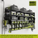 12 Cordless Drill Holder Large Power Tool Organizer Wall Mount with Side Pegboard & Screwdriver Holder, 4-Tier Heavy Duty Metal Tool Storage Rack with 4-Outlet Power Strip - Image 8