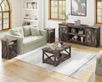 AMERLIFE 4-Piece Farmhouse Table Set Includes Sliding Barn Door TV Stand, Coffee Table& Two End Tables, Side Table with Charging Station and USB Ports, for Living Room, Dark Oak, 66" - Image 4