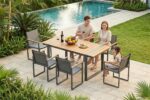 Outdoor Dining Set, HDPS + Aluminum Patio Table and Chairs Set with U-Shaped Base, 7 Piece Outdoor Furniture Set with Umbrella Hole, Patio Dining Table Set for Garden, Backyard (Gray-Teak) - Image 9