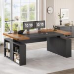 SEDETA 63" Executive Standing Desk with Storage, Executive Height Adjustable Desk with Power Outlets, Large Computer Office Desk with Privacy Panel for Home Office, Brown+Black - Image 10
